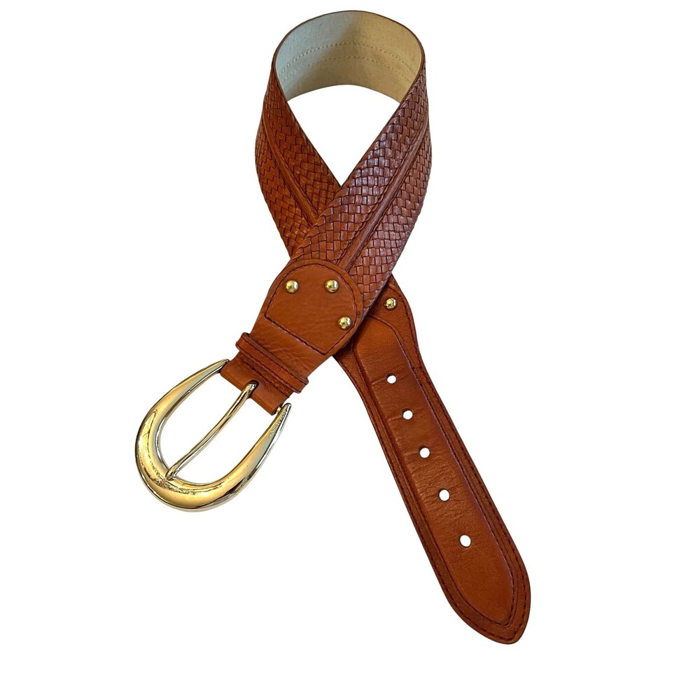 Michael Michael Kors Brown Woven Leather Statement Belt Gold-tone Buckle Size S